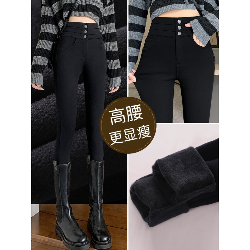 加绒黑色打底裤女秋冬外穿高腰小黑裤冬季加厚保暖铅笔小脚魔术裤