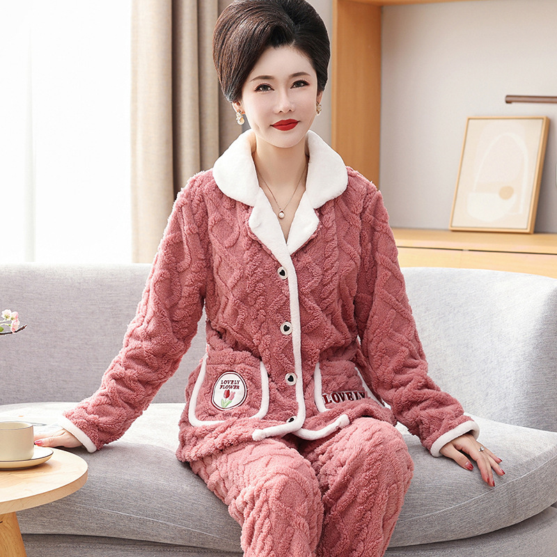 中老年睡衣女冬季开衫珊瑚绒加厚加绒家居服法兰绒妈妈保暖长毛绒