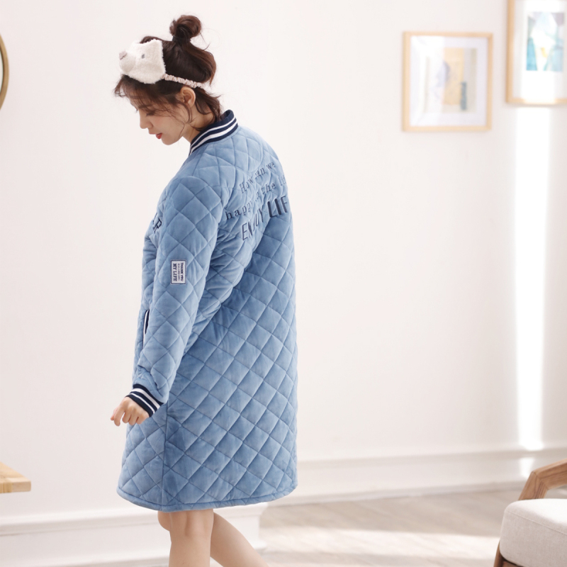 安之伴冬季女士加厚三层法兰绒夹棉睡衣保暖珊瑚绒棉袄家居服睡袍