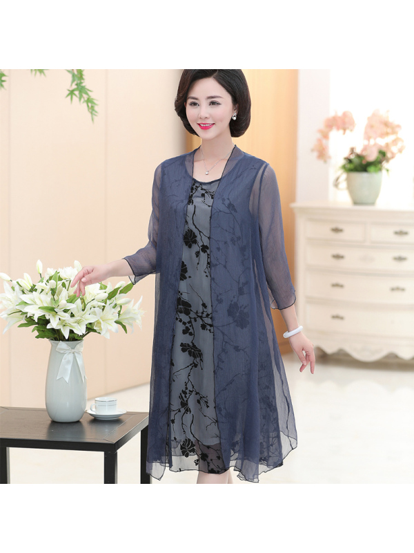 媛宿(YuanSu)妈妈夏装连衣裙中年女2018新款四十岁50雪纺过膝高贵裙子中老年装6359