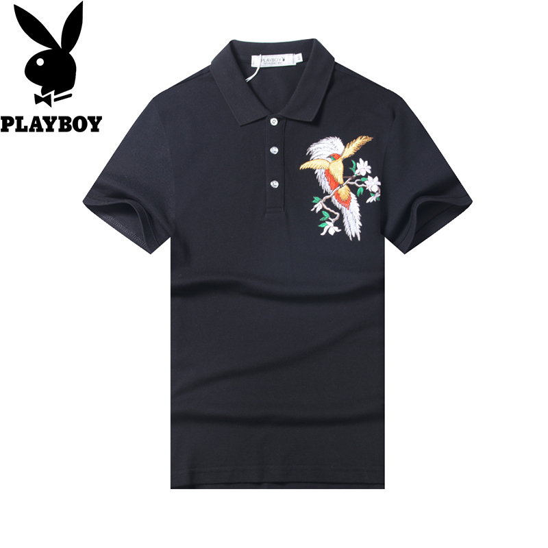 花花公子(PLAYBOY)T恤男夏季新款时尚绣花薄款黑色短袖男装翻领纯棉体恤