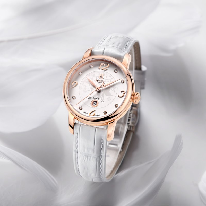 专柜同款瑞士依波路ernestborel蝴蝶花系列优雅玫瑰金皮带天然钻石