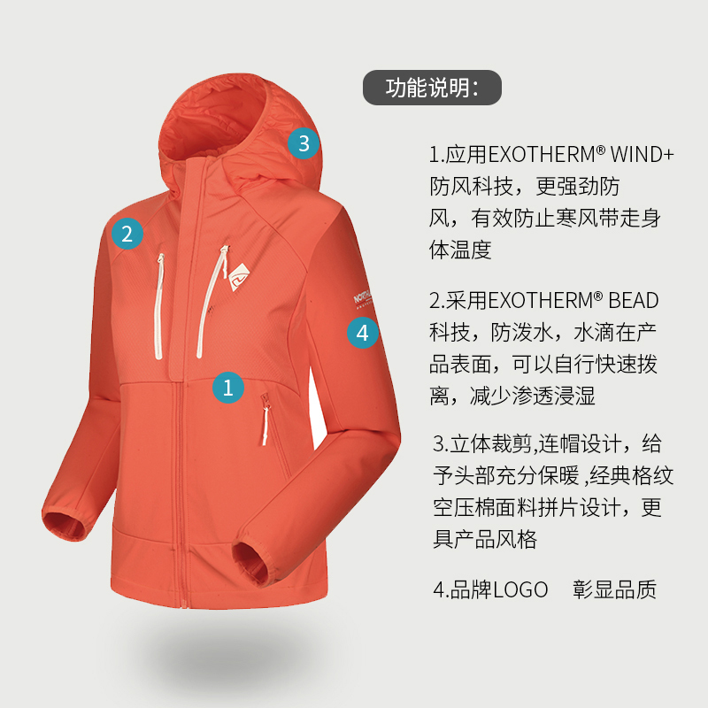 诺诗兰（NORTHLAND）户外女式防风保暖弹力休闲运动软壳衣外套GF052516