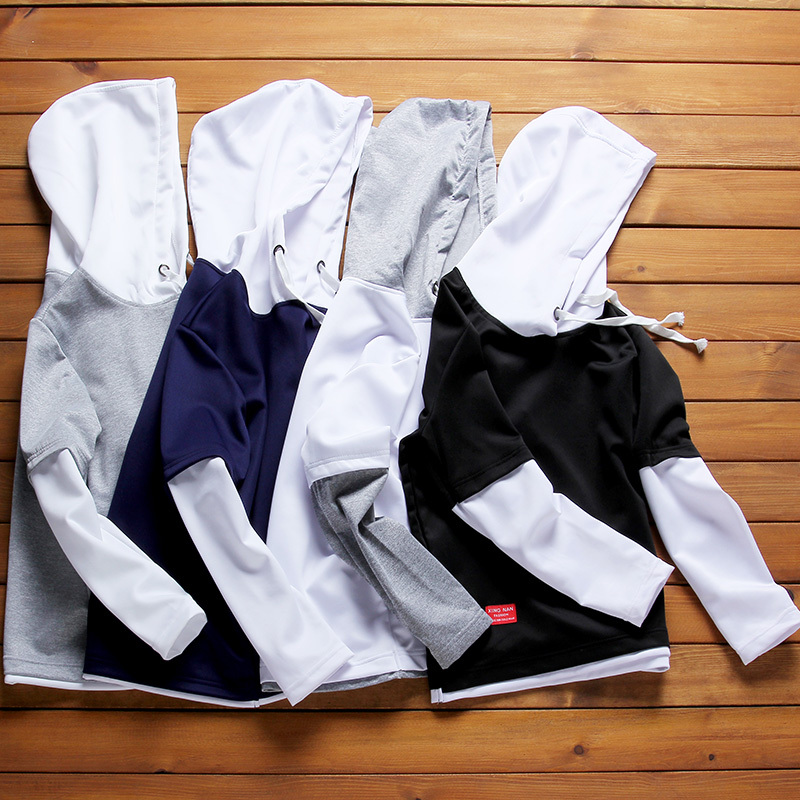 稻草人(mexican)长袖t恤男假两套头件连帽卫衣青少年学生韩版男士衣服