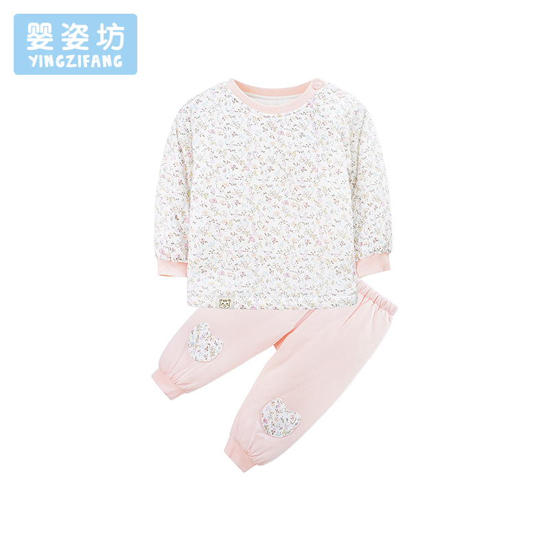 秋季新款女童时尚碎花长袖夹棉保暖圆领肩开扣两件套 潮衣
