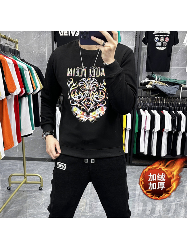 欧洲站加绒重工圆领卫衣男士套头长袖体恤打底衫上衣时尚烫钻潮流