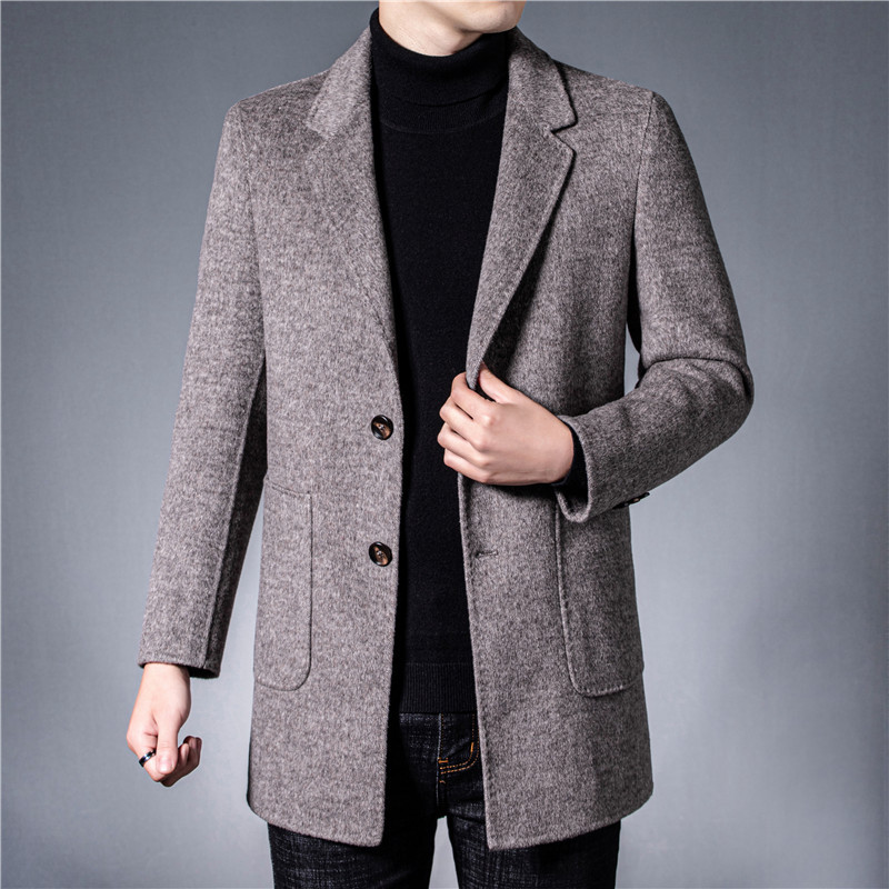 铂瑟双面羊毛呢子大衣男士休闲气质中长款修身毛呢外套