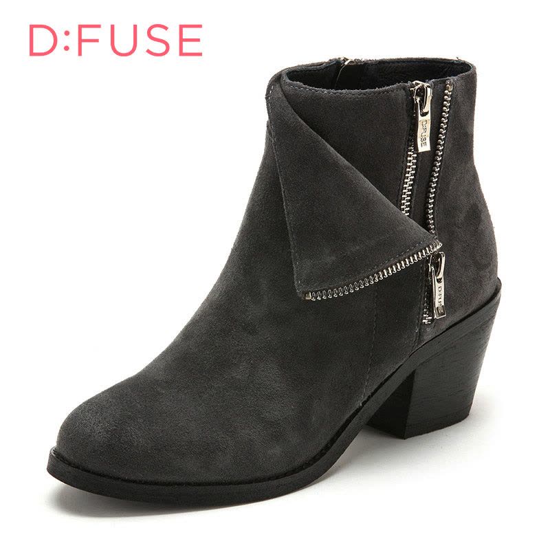 D：Fuse/迪芙斯短靴秋冬绒面牛皮圆头粗跟女鞋DF54115031图片