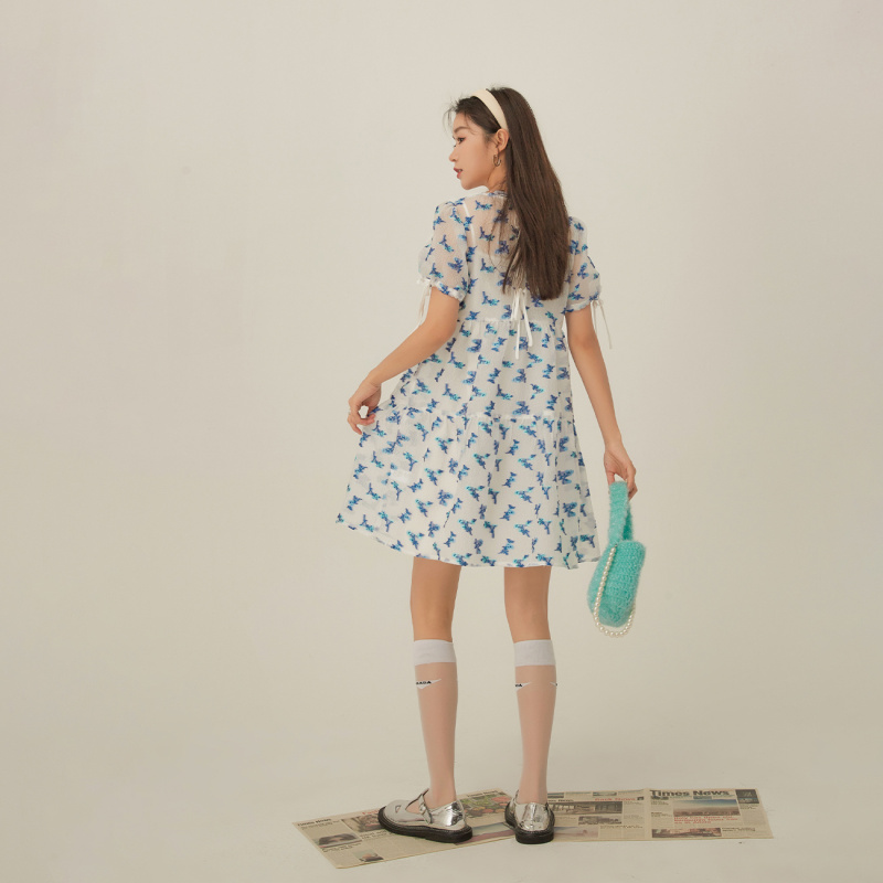 OtherMix碎花泡泡袖连衣裙女2021年夏季新款印花短袖圆领宽松裙子