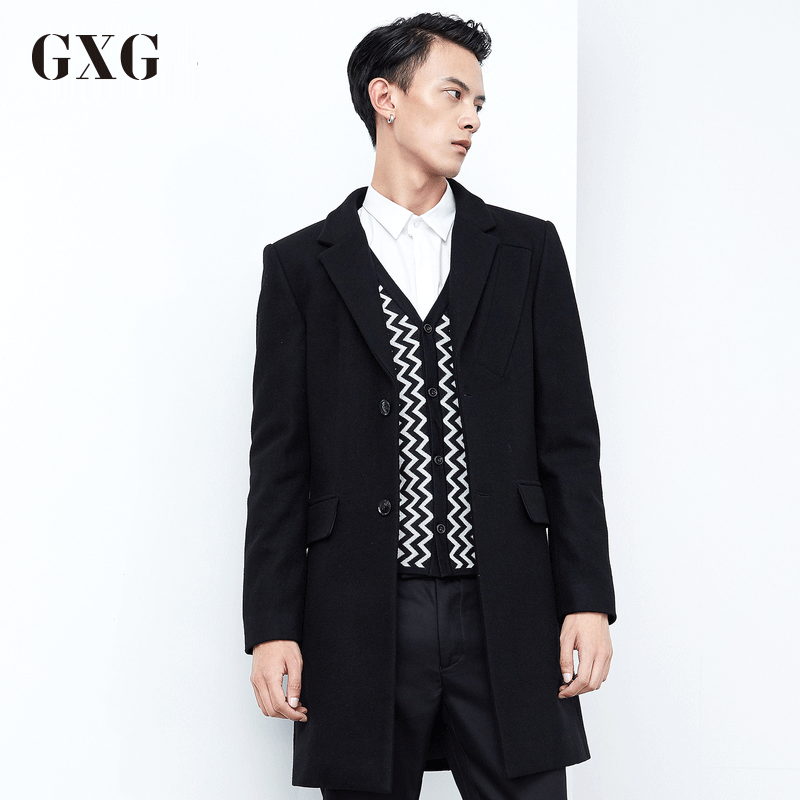 GXG男装冬季男士时尚休闲黑色中长款修身羊毛呢大衣_1