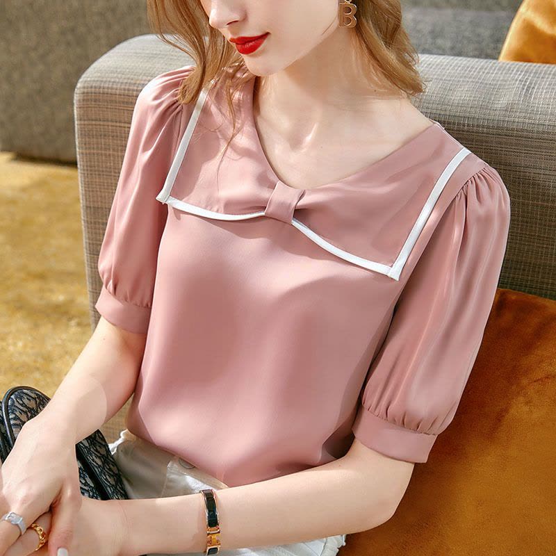 Ceba短袖雪纺衫女夏2022新款女装洋气丝滑缎面小衫撞色减龄娃娃领上衣图片