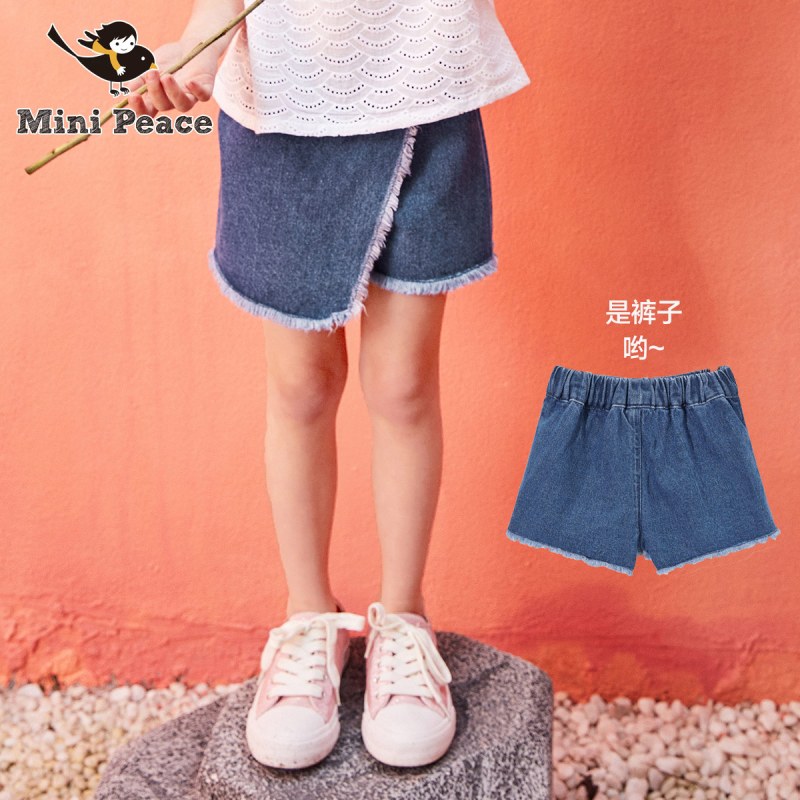 minipeace太平鸟童装 女童针织牛仔短裤个性毛边裤儿童夏装新款