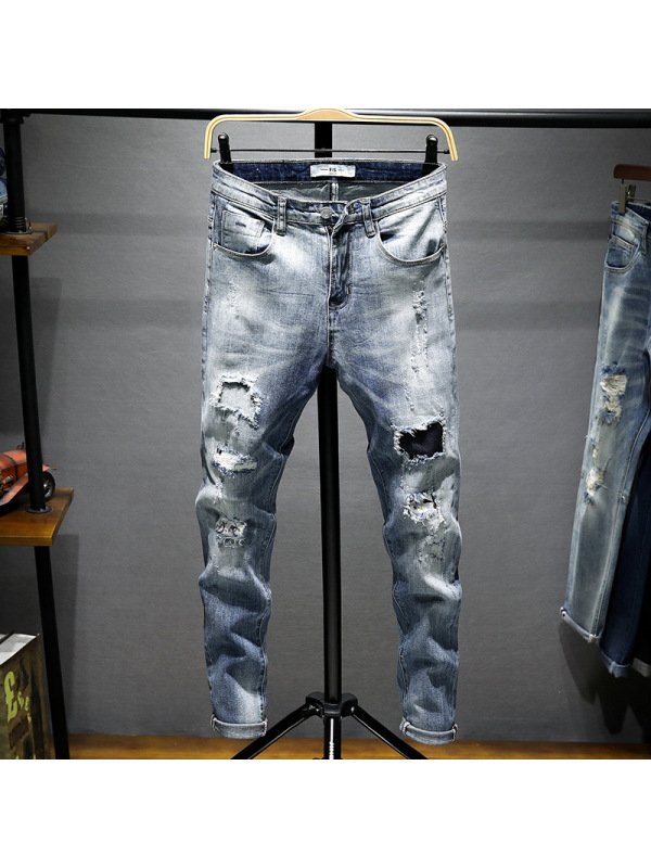 Ceba精神社会小伙春夏浅色韩版个性补丁牛仔长裤百搭个性跑男式牛仔裤