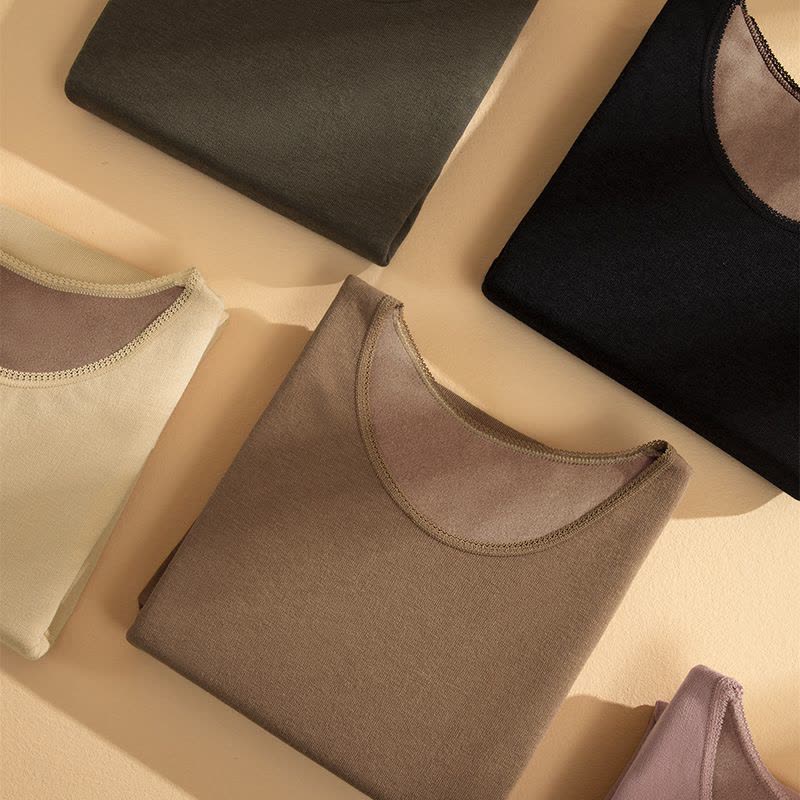 德绒保暖内衣女士单上衣圆领修身毛圈绒贴片加绒打底发热秋衣女冬图片