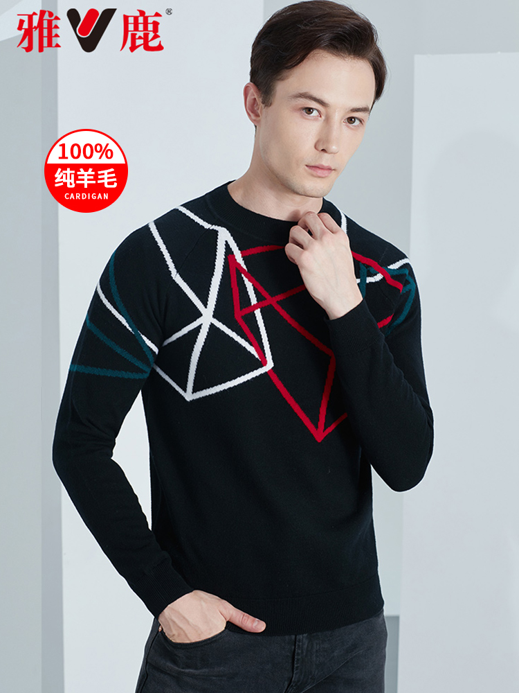 雅鹿毛衣打底衫男宽松2019新款潮大码男装秋季纯羊毛针织套头衫p