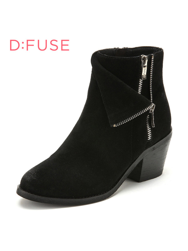 D：Fuse/迪芙斯短靴秋冬绒面牛皮圆头粗跟女鞋DF54115031