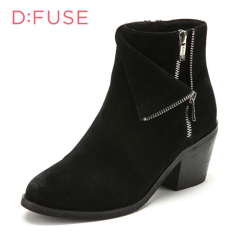 D：Fuse/迪芙斯短靴秋冬绒面牛皮圆头粗跟女鞋DF54115031图片