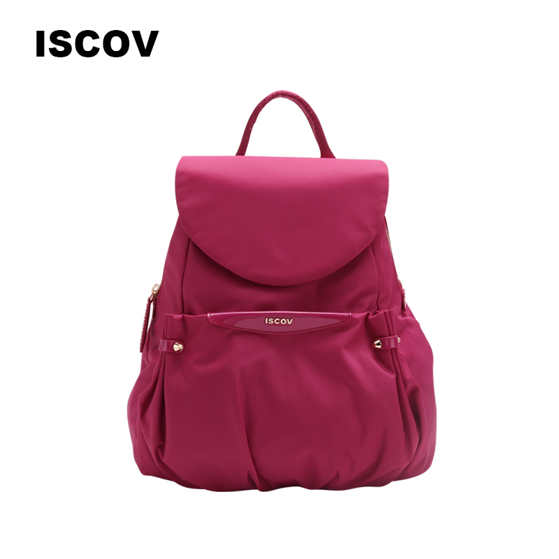 ISCOV尼龙拼皮轻便双肩包 时尚休闲真皮女背包中号