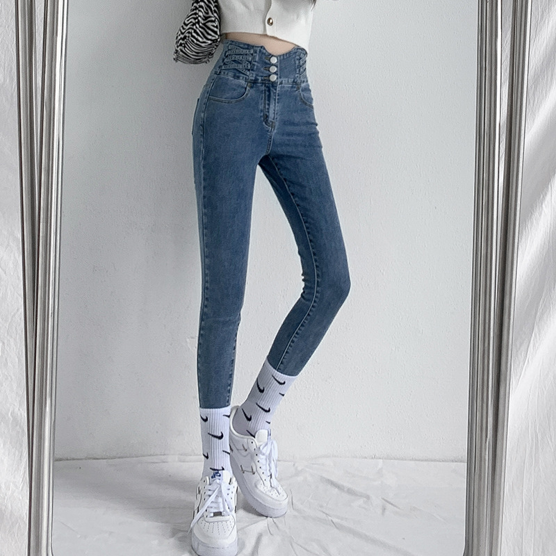 高腰牛仔裤女2021秋季新款修身显瘦显高弹力紧身小脚铅笔长裤子