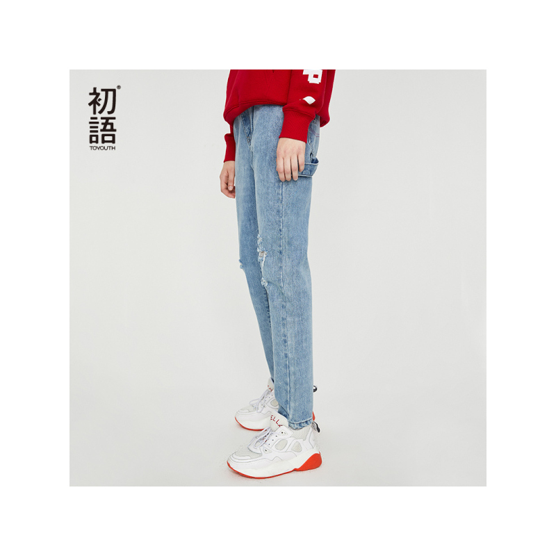 初语漫威美国队长印花破洞抓须水洗牛仔裤女港味复古时尚休闲裤