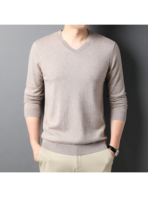 男装秋冬季310g男士羊毛衫鸡心V领套头纯色打底毛衣男