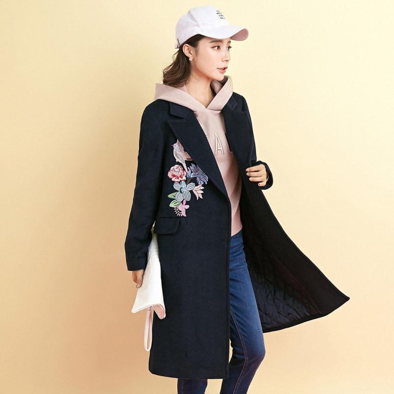 拉夏贝尔7m莫丽菲尔新款韩版绣花宽松a摆毛呢外套中长保暖大衣女
