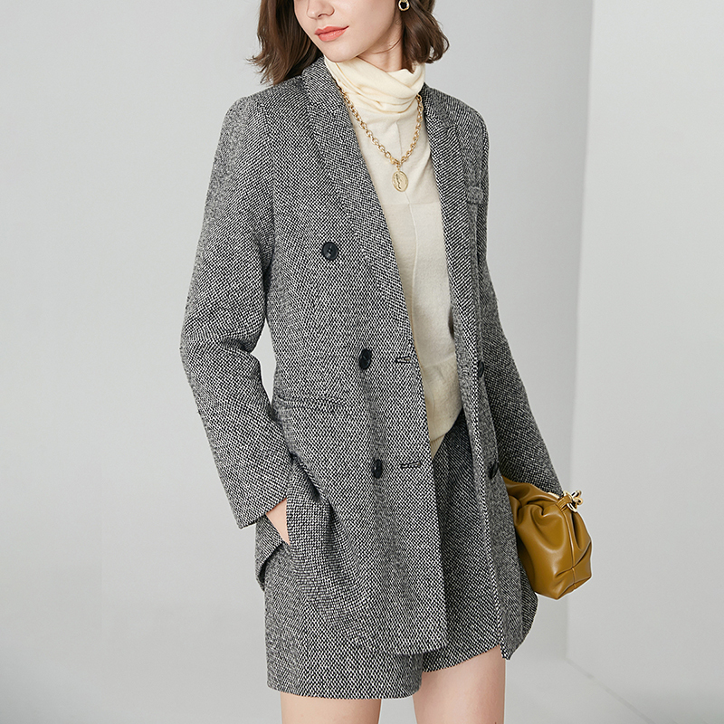 晚白2021春季新品两件套修身西装外套高腰短裤休闲裤时尚套装女