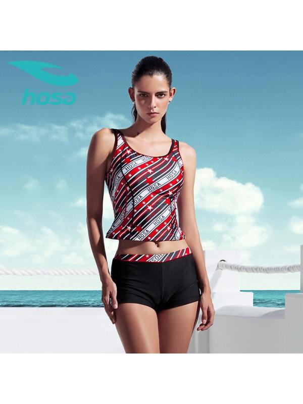 hosa浩沙夏季新款女士泳衣时尚条纹保守分体平角度假温泉游泳衣