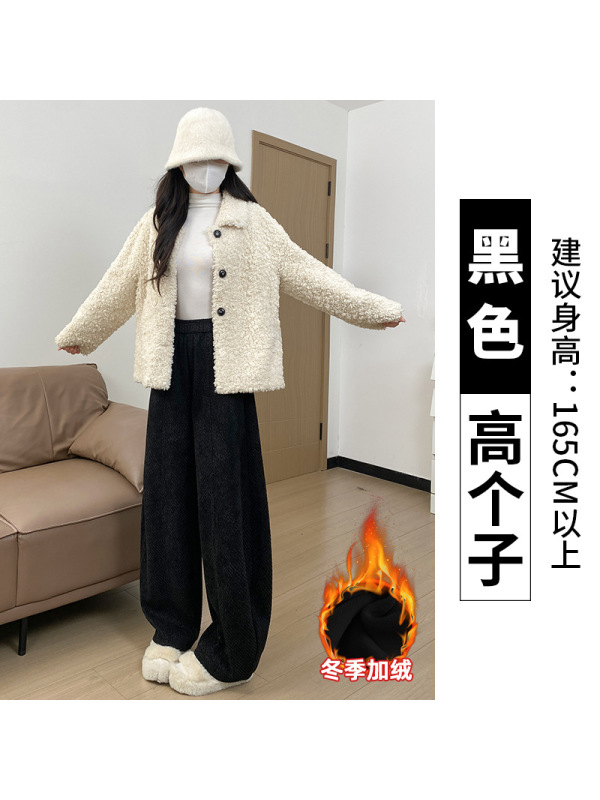 灰色毛呢裤女秋冬季加绒灯芯绒直筒小个子加厚羊羔绒阔腿裤子