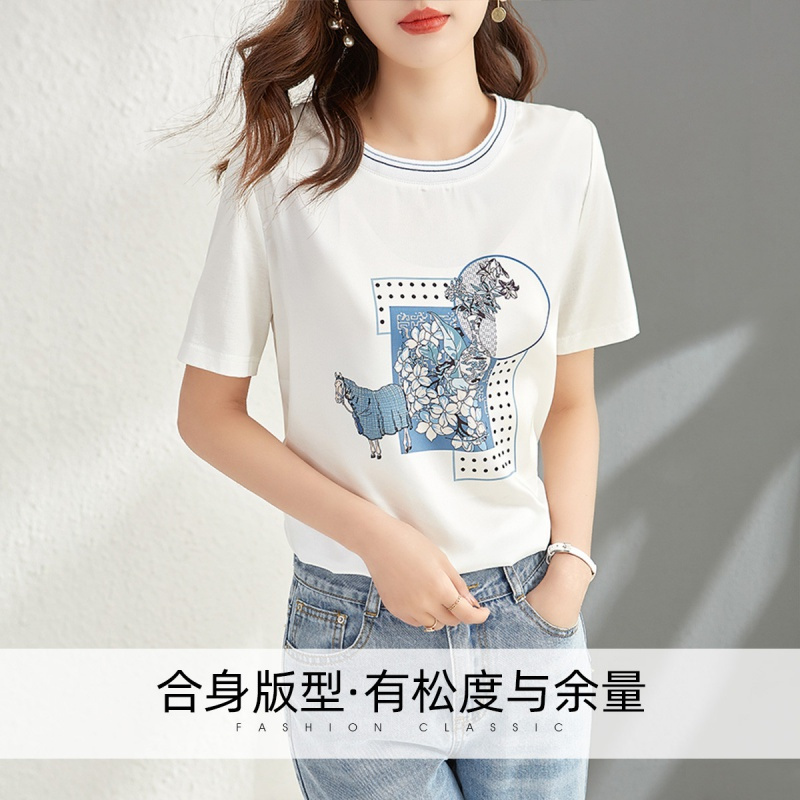 OUNIXUE欧昵雪 | [时尚套头短袖]夏季艺术风撞色罗纹圆领休闲印花女式T恤