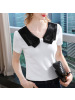 Ceba短袖T恤女夏2022新款女装时髦撞色弹力棉体恤减龄娃娃领收腰上衣