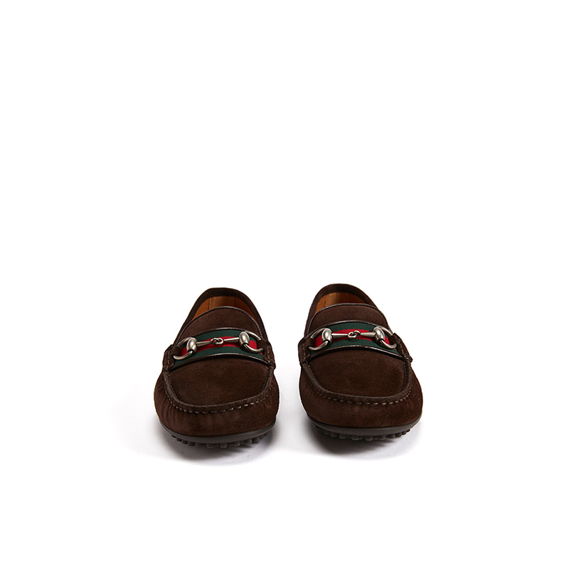 Gucci/古驰 饰条纹织带和马衔扣皮革驾车鞋 棕色 450892