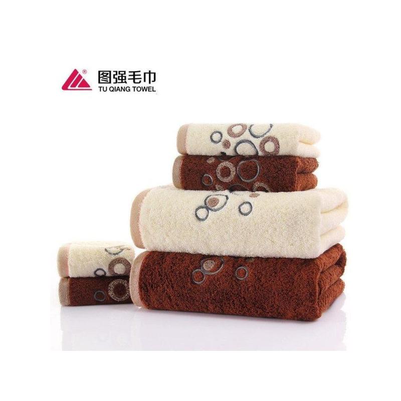 图强 毛圈秀纯棉方毛浴巾各一成人套巾 简约绣花加厚吸水柔软舒适