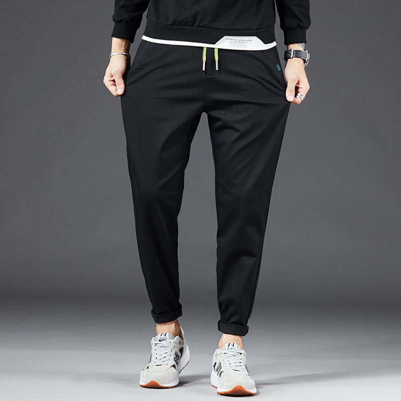 秋款男士松紧腰休闲裤男式韩版潮流弹力春秋裤子修身系绳直筒长裤