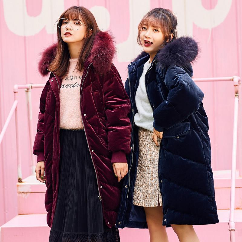 拉夏贝尔新款羽绒服女2019冬季中长款加厚过膝外套毛领天鹅绒72000693