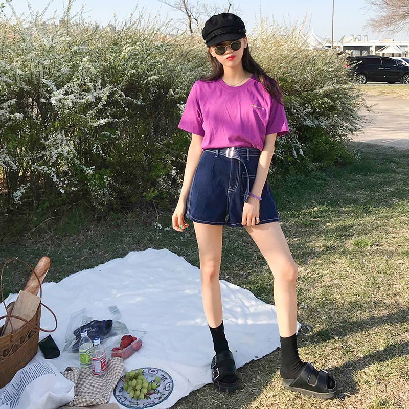 韩都衣舍2018女装夏装韩新款休闲宽松阔腿口袋牛仔裤MY8871沐