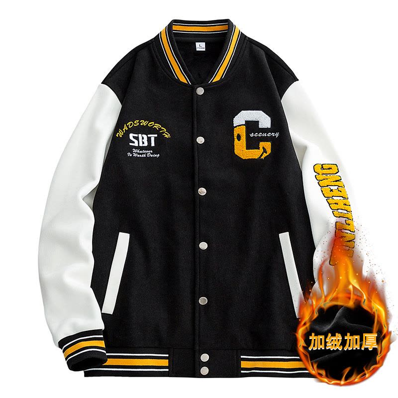 男装秋冬季加绒棒球服韩版开衫排扣立领字母绣花宽松外套图片