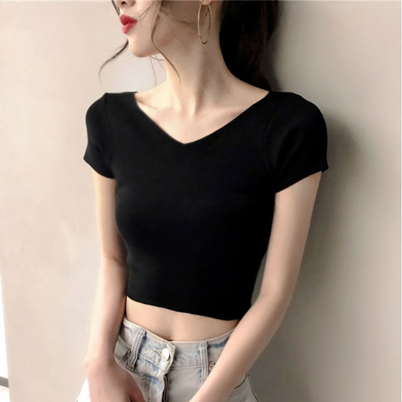前后v领短款短袖T恤女设计感夏季新款韩版女修身上衣女装