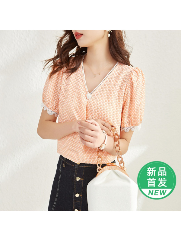 OUNIXUE欧昵雪 | [气质提花雪纺衫]夏季淑女范花边拼接V领格子短袖女式T恤