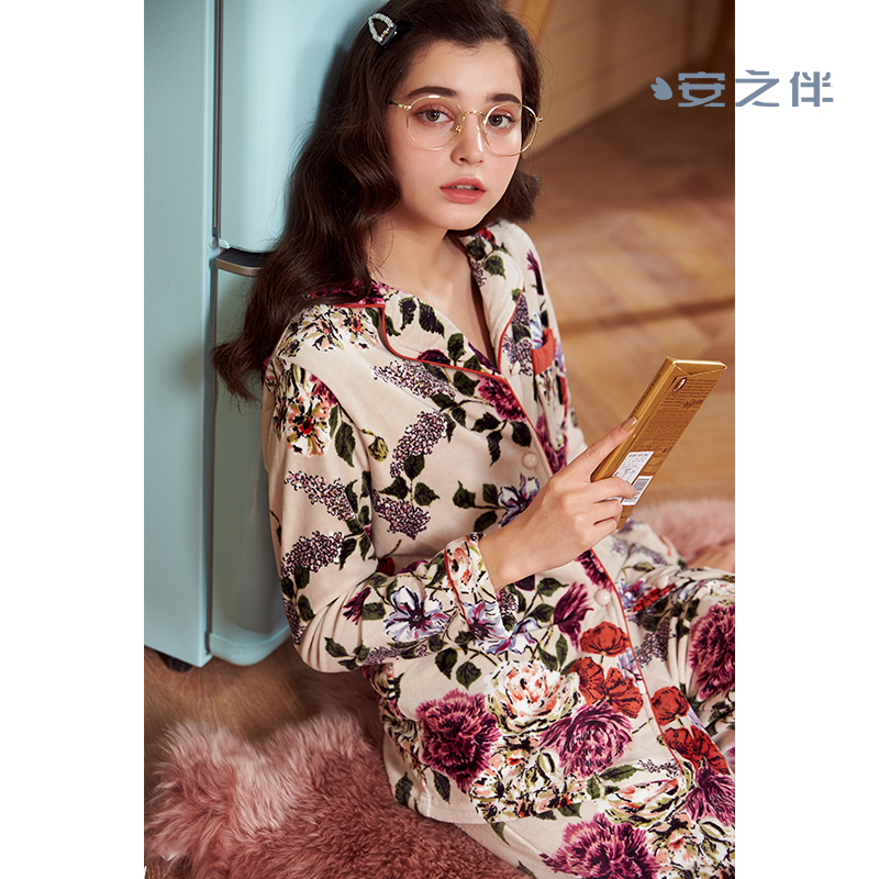安之伴特卖水晶珊瑚绒睡衣女秋冬开衫长袖韩版宽松长裤两件家居服套装