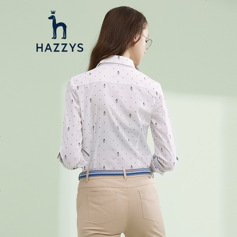 哈吉斯HAZZYS 春夏女装圆方领刺绣印花修身衬衫小清新上衣