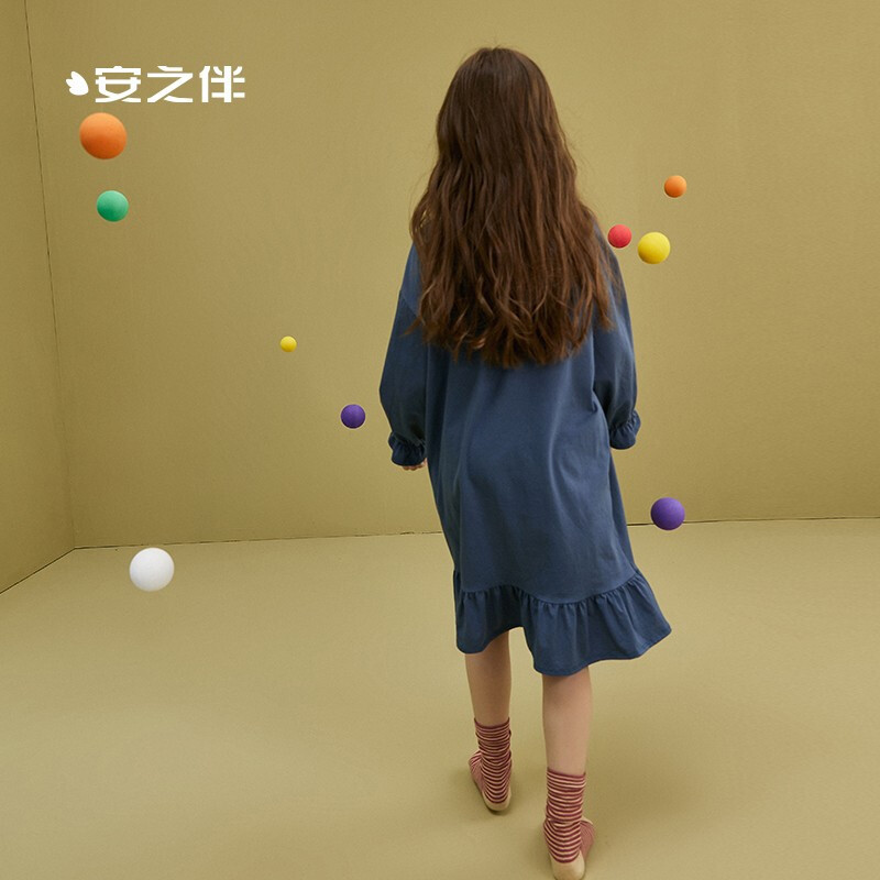 安之伴睡衣女童木耳边翻领小荷叶袖中长裙棉质弹力针织素色长袖可外穿女童裙