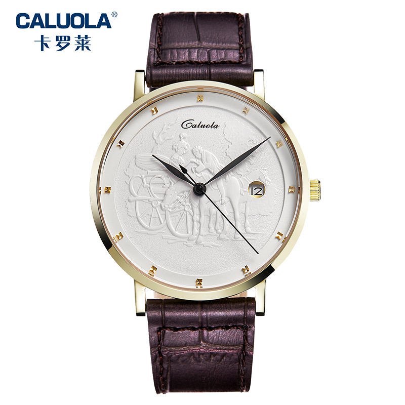 卡罗莱caluola时尚简约商务休闲复古浮雕全自动机械表男士手表 ca115