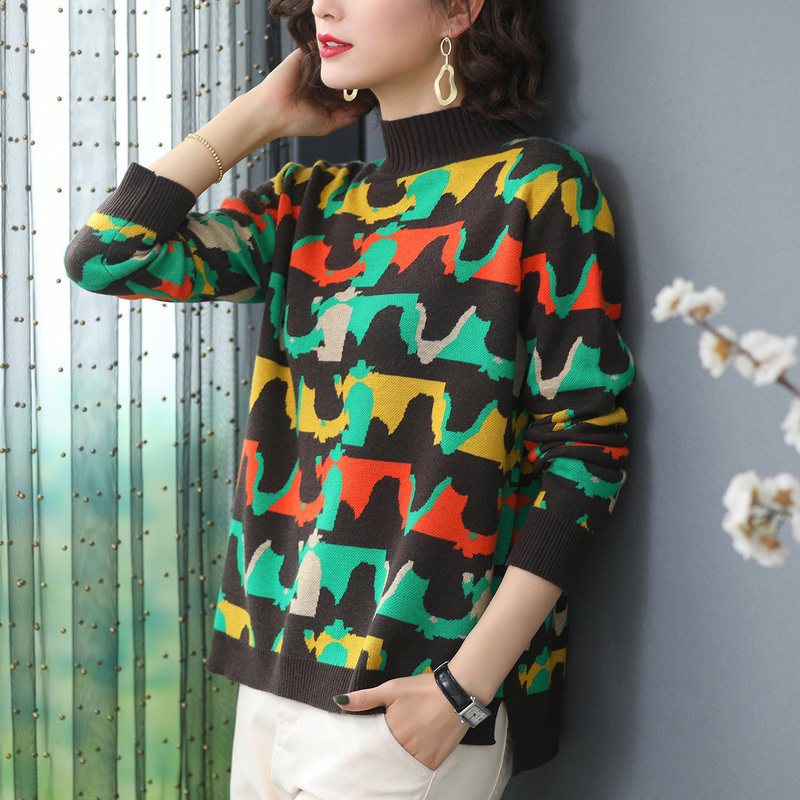 恒源祥迷彩毛衣女套头春新款彩色几何图案撞色提花针织衫外穿