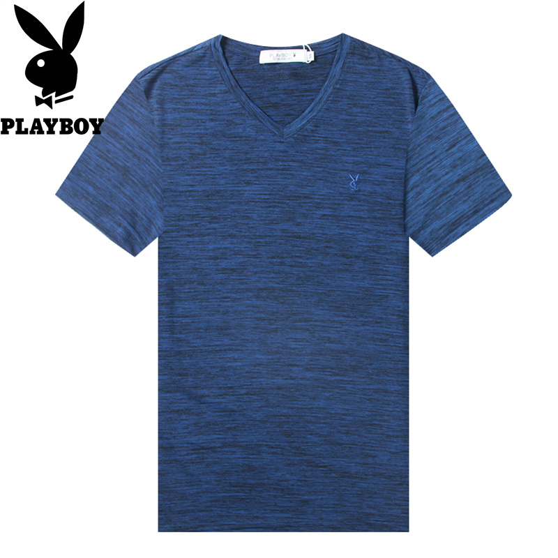 花花公子(PLAYBOY)T恤男夏季新款时尚V领弹力大码绣花男装短袖上衣体恤 潮