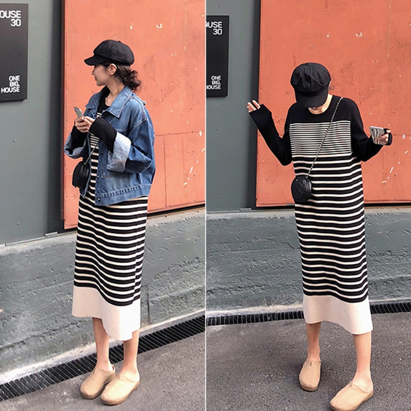 如熙针织连衣裙女简约通勤条纹中长裙拼接修气质裙子