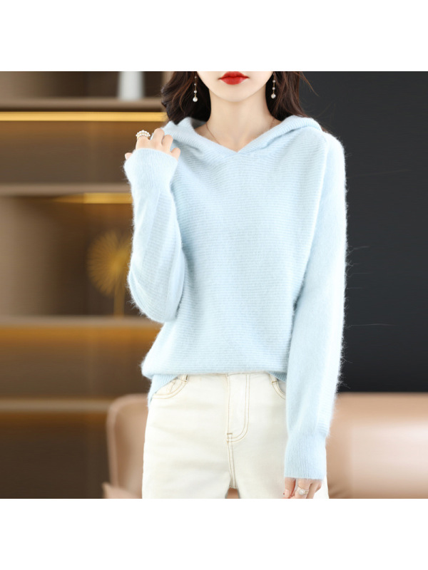 新款连帽貂绒衫女连帽针织衫秋冬款外穿毛衣时尚上衣帽衫休闲