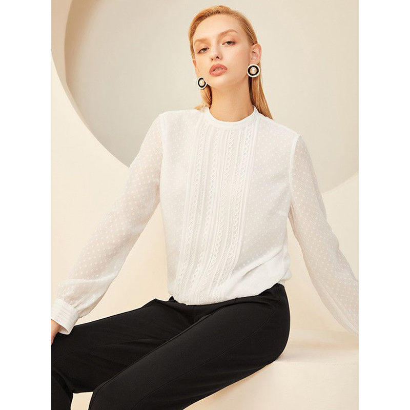 拉夏贝尔白衬衫女圆领新款春季韩版宽松复古小清新雪纺衬衣10018365