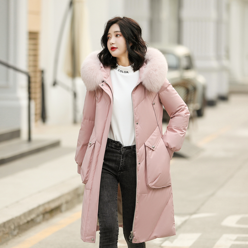 高梵羽绒服女中长款2019新款时尚韩版百搭白鸭绒毛领冬季保暖外套