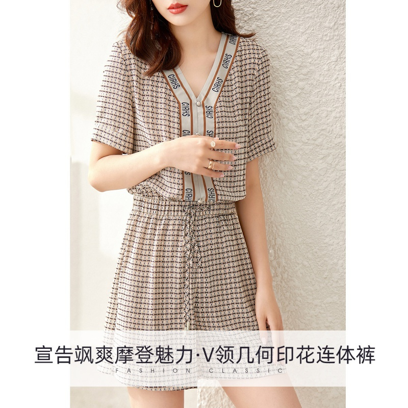 OUNIXUE欧昵雪 | [抽绳几何印花连体裤]夏季时尚设计感V领短袖宽松裤子女